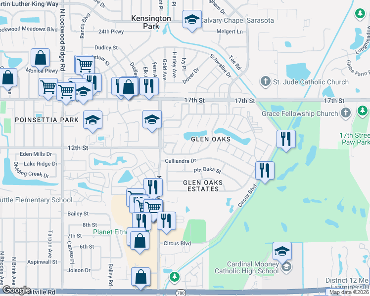 map of restaurants, bars, coffee shops, grocery stores, and more near 3655 Calliandra Drive in Sarasota