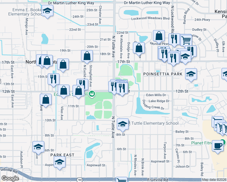 map of restaurants, bars, coffee shops, grocery stores, and more near North Tuttle Avenue & 12th Street in Sarasota