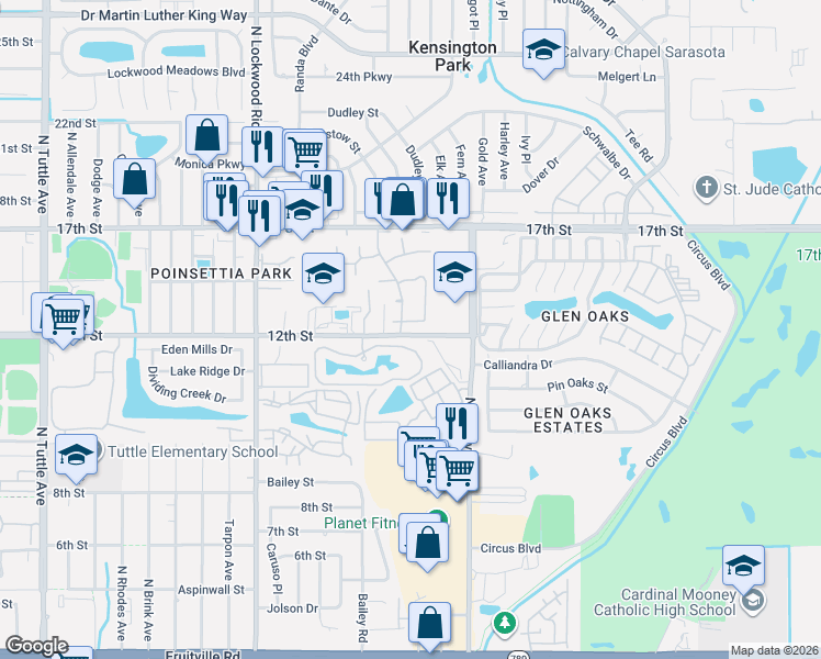 map of restaurants, bars, coffee shops, grocery stores, and more near 1215 Tallywood Drive in Sarasota