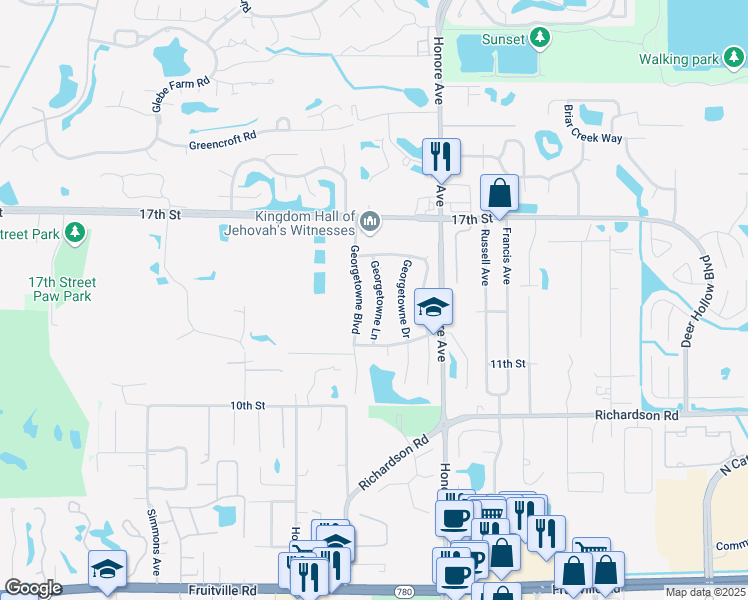 map of restaurants, bars, coffee shops, grocery stores, and more near 1538 Georgetowne Lane in Sarasota