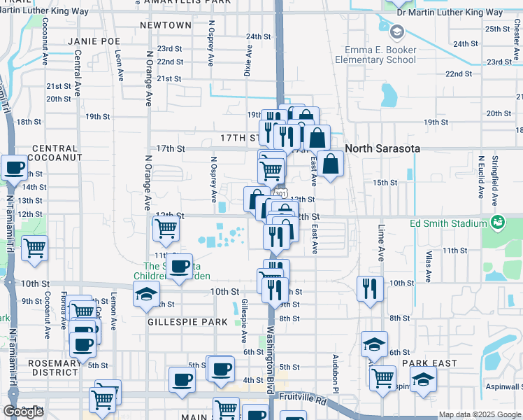 map of restaurants, bars, coffee shops, grocery stores, and more near 1942 13th Street in Sarasota