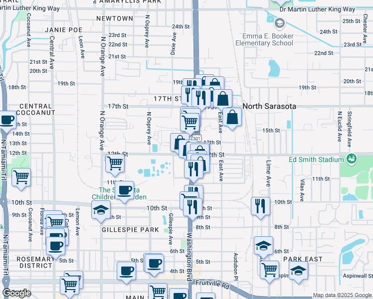 map of restaurants, bars, coffee shops, grocery stores, and more near 1942 13th Street in Sarasota