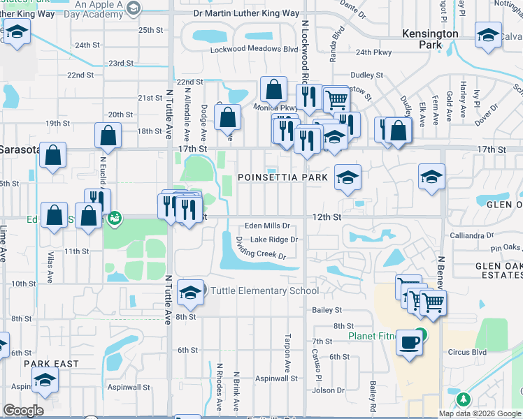 map of restaurants, bars, coffee shops, grocery stores, and more near 1246 North Conrad Avenue in Sarasota