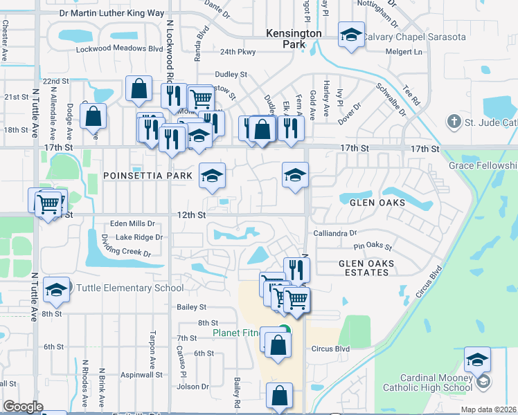 map of restaurants, bars, coffee shops, grocery stores, and more near 1215 Tallywood Drive in Sarasota