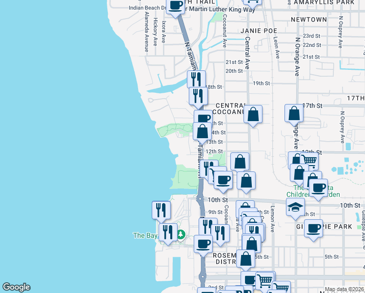 map of restaurants, bars, coffee shops, grocery stores, and more near 1301 North Tamiami Trail in Sarasota