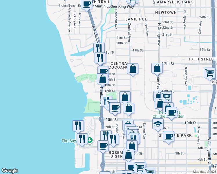 map of restaurants, bars, coffee shops, grocery stores, and more near 1312 North Tamiami Trail in Sarasota