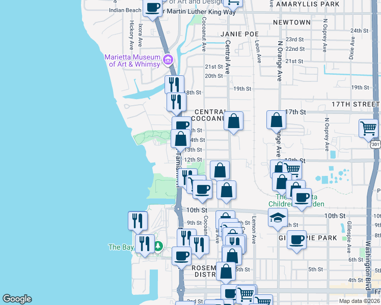 map of restaurants, bars, coffee shops, grocery stores, and more near 1312 North Tamiami Trail in Sarasota
