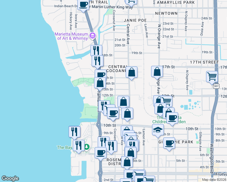 map of restaurants, bars, coffee shops, grocery stores, and more near 1297 Cocoanut Avenue in Sarasota