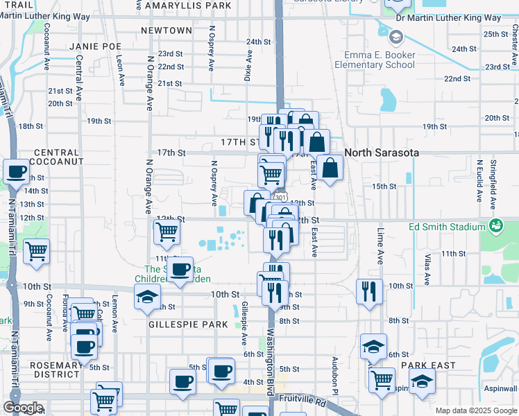map of restaurants, bars, coffee shops, grocery stores, and more near 1942 13th Street in Sarasota