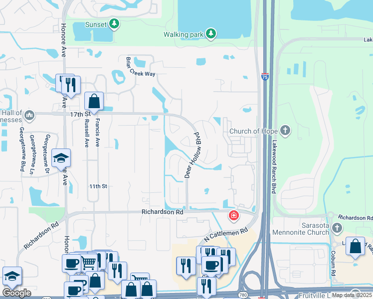 map of restaurants, bars, coffee shops, grocery stores, and more near 1360 Fawnwood Circle in Sarasota
