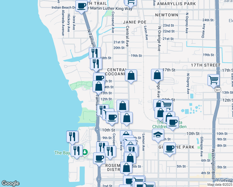 map of restaurants, bars, coffee shops, grocery stores, and more near 1297 Cocoanut Avenue in Sarasota