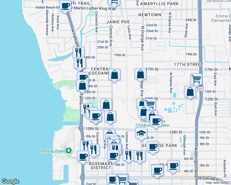 map of restaurants, bars, coffee shops, grocery stores, and more near 1236 Central Avenue in Sarasota