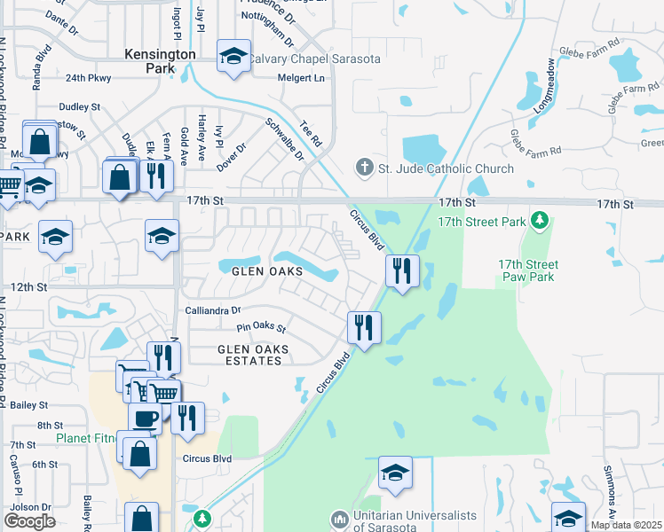 map of restaurants, bars, coffee shops, grocery stores, and more near 3980 Lakeside Road in Sarasota