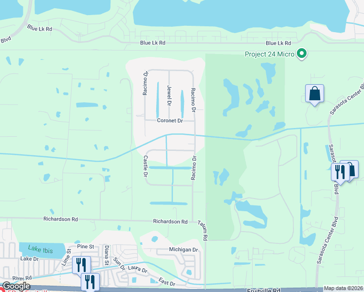 map of restaurants, bars, coffee shops, grocery stores, and more near 7228 Castle Drive in Sarasota