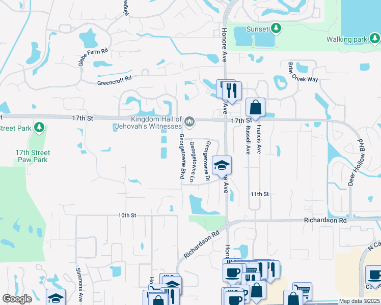 map of restaurants, bars, coffee shops, grocery stores, and more near 1538 Georgetowne Lane in Sarasota