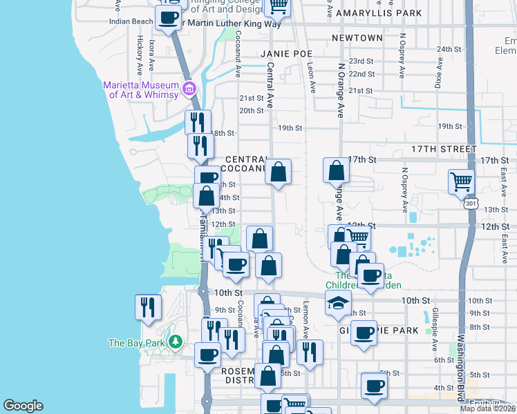 map of restaurants, bars, coffee shops, grocery stores, and more near 1349 13th Street in Sarasota
