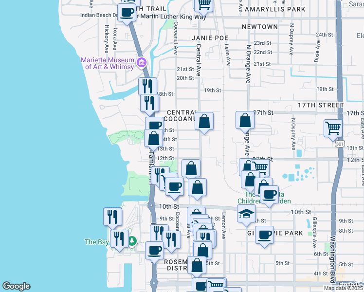 map of restaurants, bars, coffee shops, grocery stores, and more near 1297 Cocoanut Avenue in Sarasota
