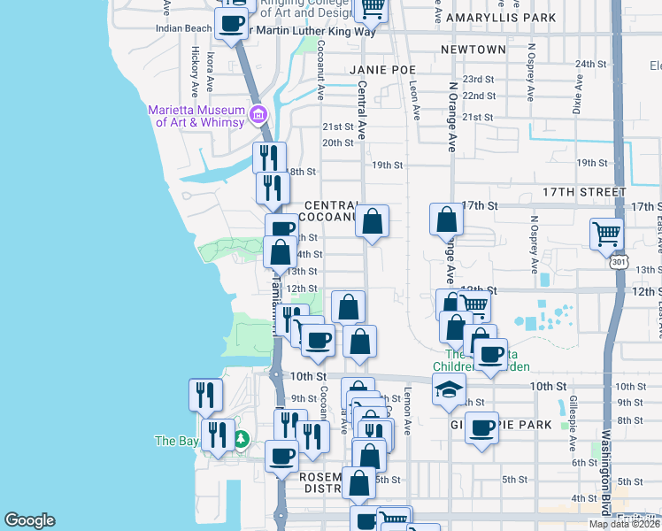 map of restaurants, bars, coffee shops, grocery stores, and more near 1297 Cocoanut Avenue in Sarasota