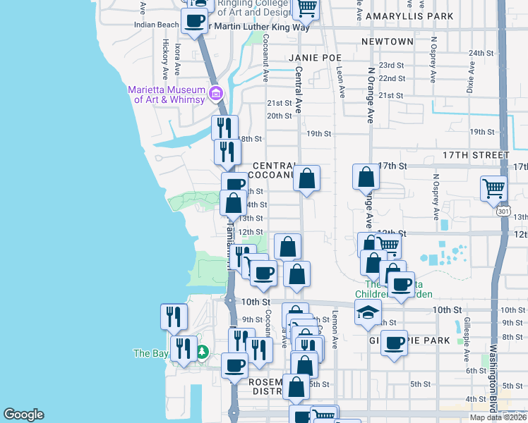 map of restaurants, bars, coffee shops, grocery stores, and more near 1297 Cocoanut Avenue in Sarasota