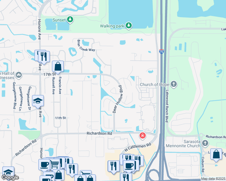 map of restaurants, bars, coffee shops, grocery stores, and more near 1493 Fawnwood Circle in Sarasota