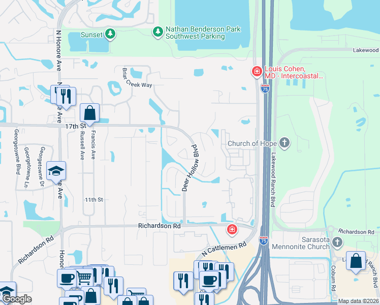 map of restaurants, bars, coffee shops, grocery stores, and more near 1549-1699 Fawnwood Circle in Sarasota