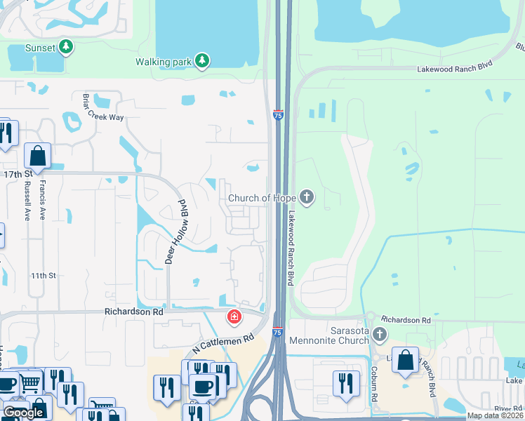 map of restaurants, bars, coffee shops, grocery stores, and more near 1517 Napoli Drive East in Sarasota