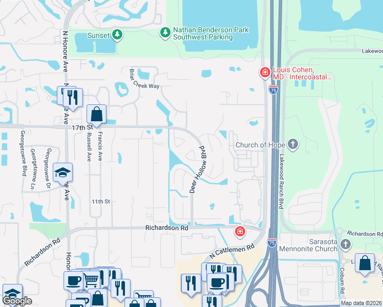 map of restaurants, bars, coffee shops, grocery stores, and more near 1549 Fawnwood Circle in Sarasota