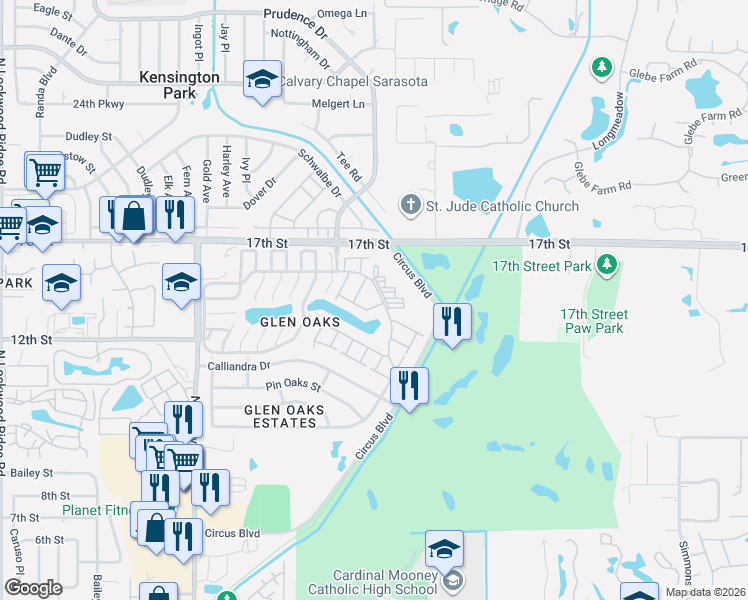 map of restaurants, bars, coffee shops, grocery stores, and more near 3904 Lakeside Road in Sarasota