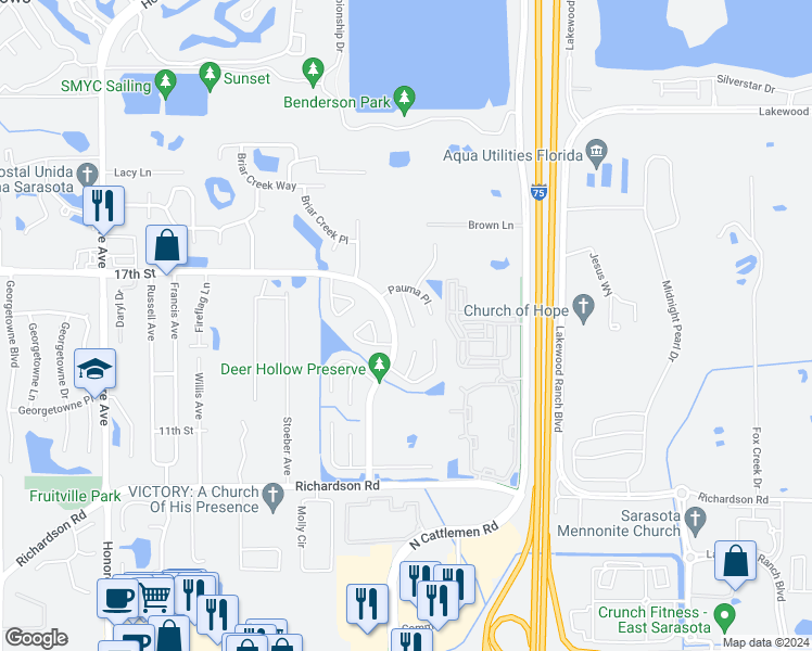 map of restaurants, bars, coffee shops, grocery stores, and more near 5864 Pauma Court in Sarasota