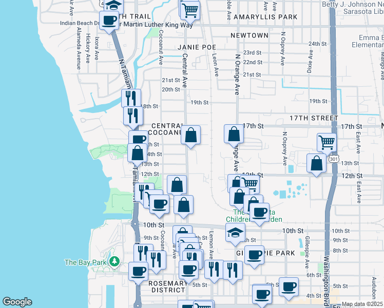 map of restaurants, bars, coffee shops, grocery stores, and more near 1236 Central Avenue in Sarasota