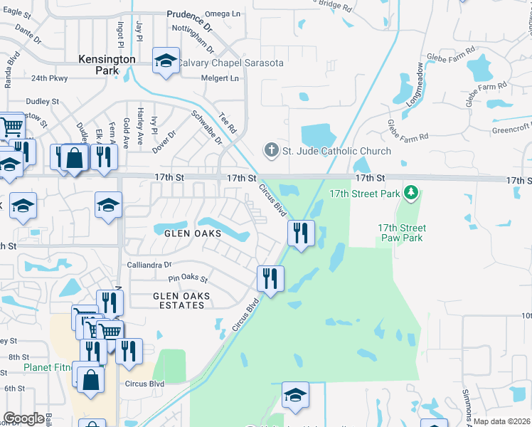 map of restaurants, bars, coffee shops, grocery stores, and more near 1330 Glen Oaks Drive East in Sarasota