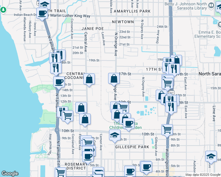 map of restaurants, bars, coffee shops, grocery stores, and more near 1501 North Orange Avenue in Sarasota