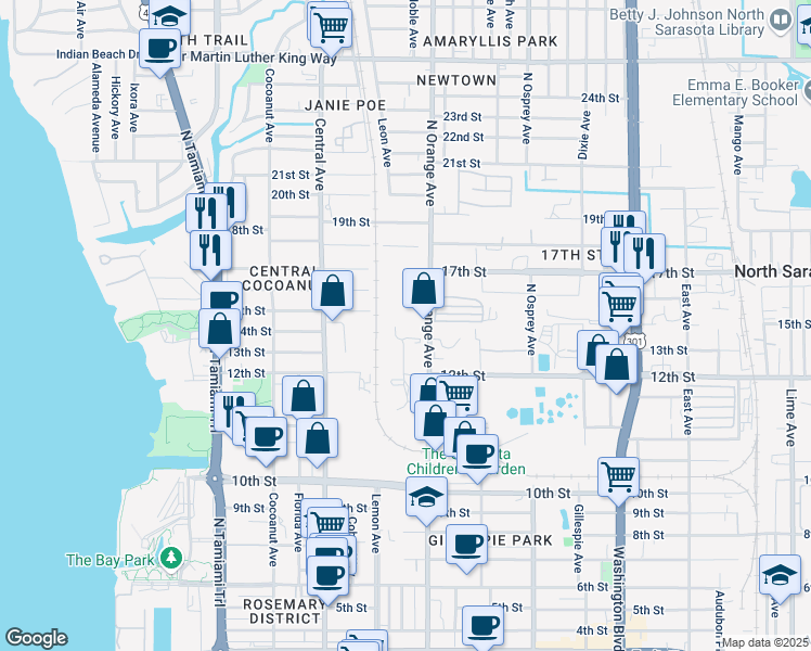 map of restaurants, bars, coffee shops, grocery stores, and more near 1501 North Orange Avenue in Sarasota