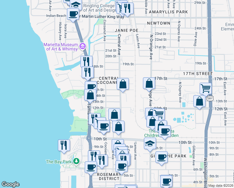 map of restaurants, bars, coffee shops, grocery stores, and more near 1361 15th Street in Sarasota