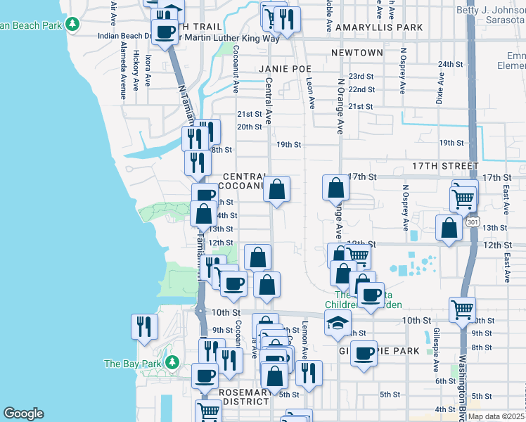 map of restaurants, bars, coffee shops, grocery stores, and more near 1361 15th Street in Sarasota