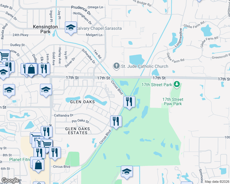 map of restaurants, bars, coffee shops, grocery stores, and more near 1330 Glen Oaks Drive East in Sarasota