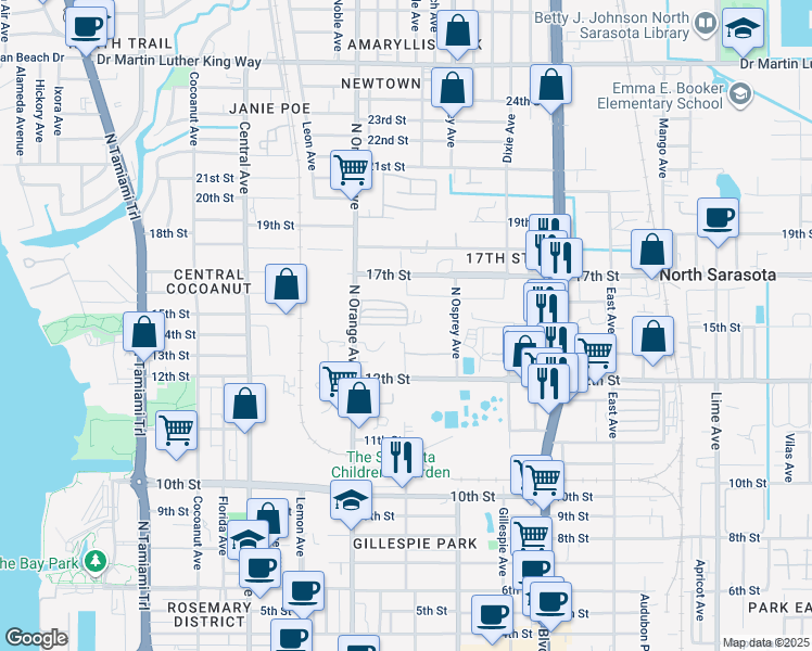 map of restaurants, bars, coffee shops, grocery stores, and more near 4th Street in Sarasota