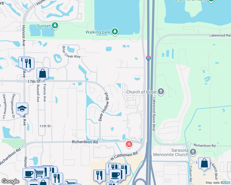 map of restaurants, bars, coffee shops, grocery stores, and more near 5844 Pauma Court in Sarasota