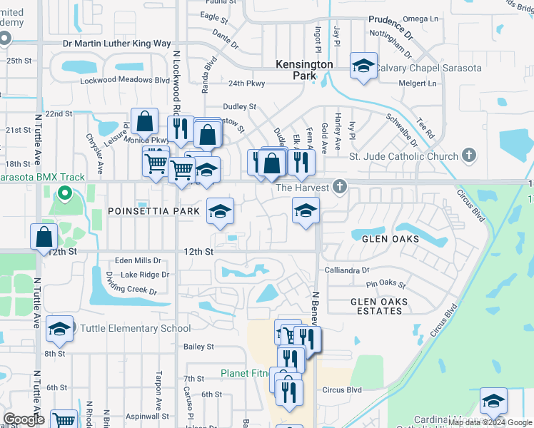map of restaurants, bars, coffee shops, grocery stores, and more near 3402 Tallywood Drive in Sarasota