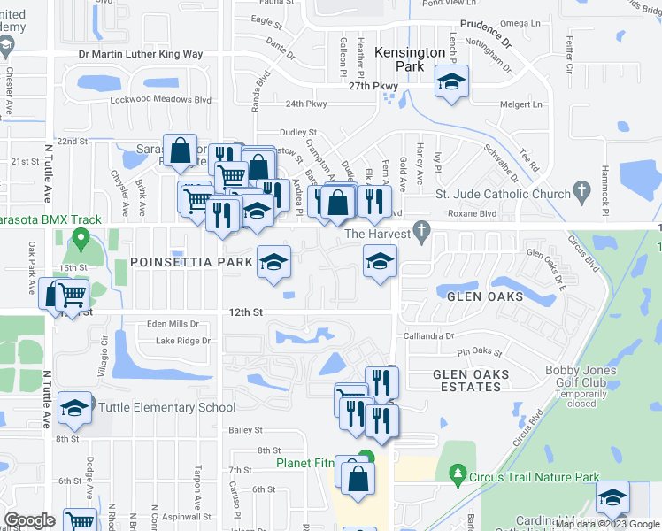 map of restaurants, bars, coffee shops, grocery stores, and more near 3402 Tallywood Drive in Sarasota