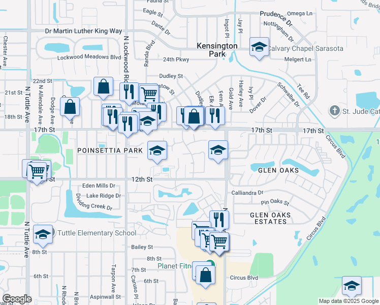 map of restaurants, bars, coffee shops, grocery stores, and more near 1215 Tallywood Drive in Sarasota