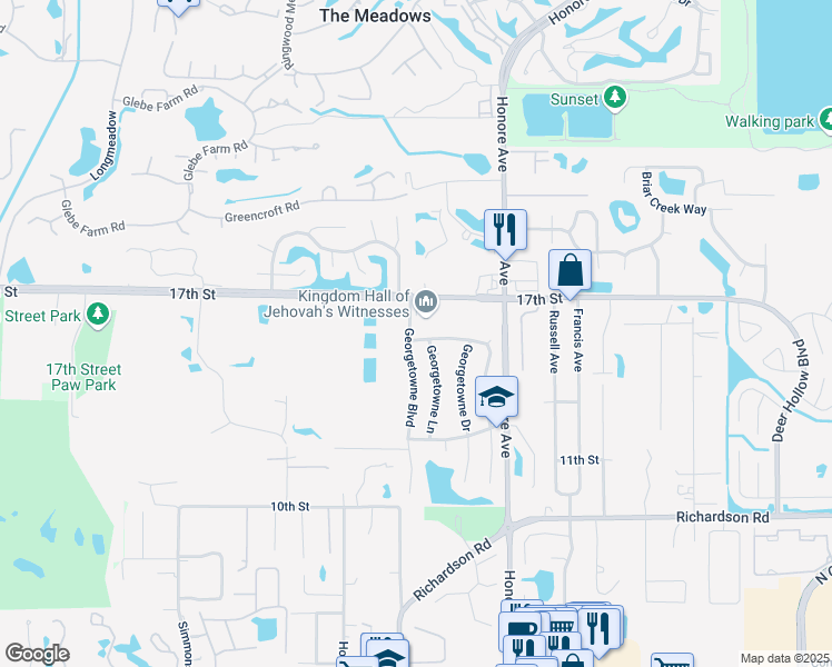 map of restaurants, bars, coffee shops, grocery stores, and more near 1395 Georgetowne Circle in Sarasota