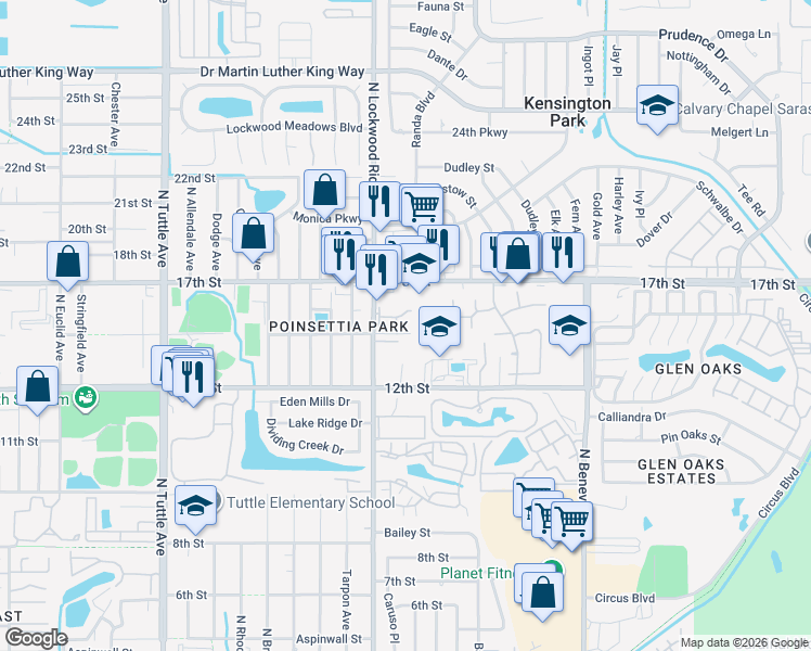 map of restaurants, bars, coffee shops, grocery stores, and more near 1500 North Lockwood Ridge Road in Sarasota