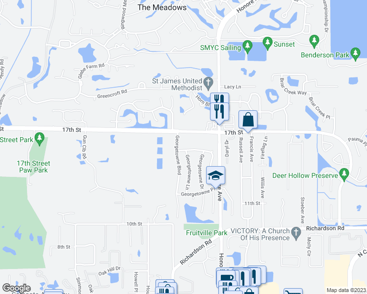 map of restaurants, bars, coffee shops, grocery stores, and more near 1397 Georgetowne Circle in Sarasota