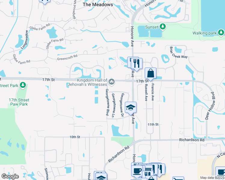 map of restaurants, bars, coffee shops, grocery stores, and more near 1395 Georgetowne Circle in Sarasota