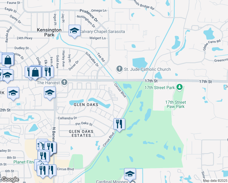 map of restaurants, bars, coffee shops, grocery stores, and more near 1500 Glen Oaks Drive East in Sarasota