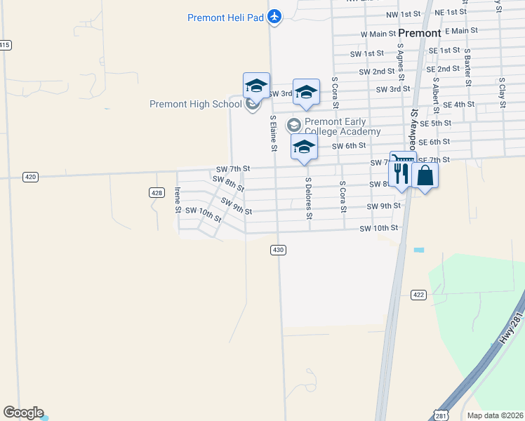 map of restaurants, bars, coffee shops, grocery stores, and more near 614 Southwest 9th Street in Premont