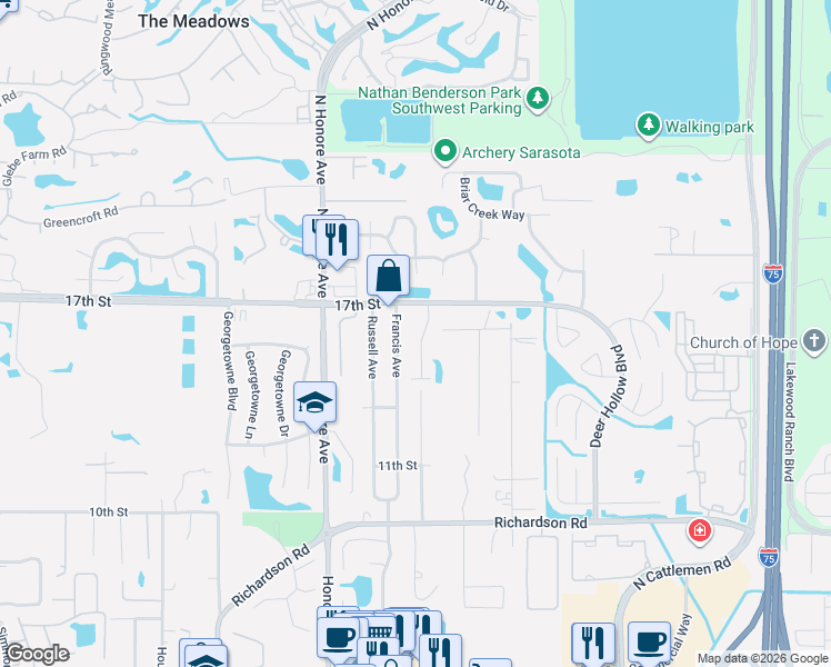 map of restaurants, bars, coffee shops, grocery stores, and more near 1534 Francis Avenue in Sarasota