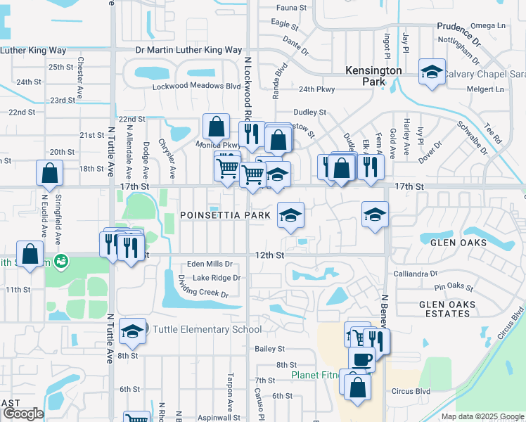 map of restaurants, bars, coffee shops, grocery stores, and more near 18 North Lockwood Ridge Road in Sarasota