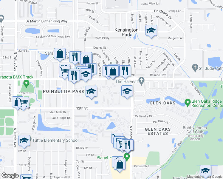 map of restaurants, bars, coffee shops, grocery stores, and more near 3402 Tallywood Drive in Sarasota